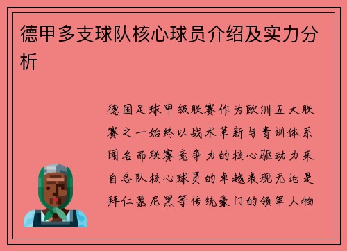 德甲多支球队核心球员介绍及实力分析